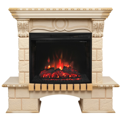 Электрокамин RealFlame Bolero WT белый дуб с золотой патиной с очагом Evrika 25,5 LED