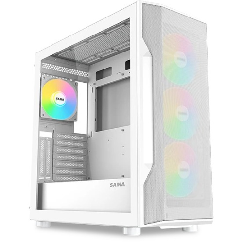 Корпус SAMA S40 White (S40-WHAPA4X1-GL) белый без БП, Midi-Tower, TG, 4x120mm ARGB, 2xUSB 3.0 + 1xUSB 3.1 Type-C, ATX, mITX