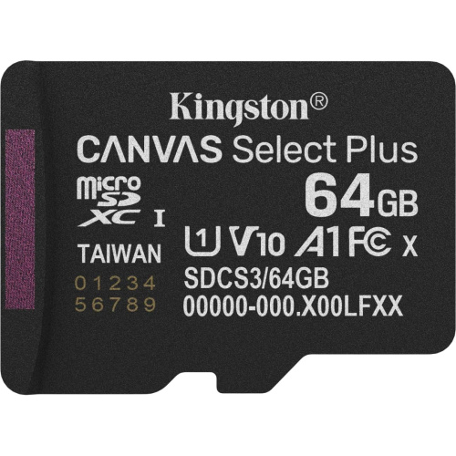 Карта памяти Kingston Canvas Select Plus Gen3 SDCS3/64GBSP micro SDXC 64GB, 100MB/s A1, без адаптера