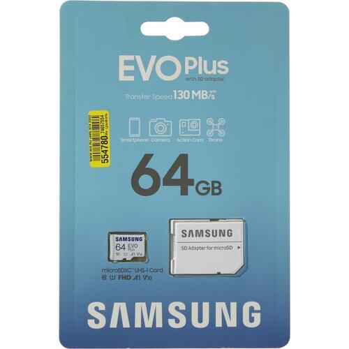 Карта памяти SAMSUNG Evo Plus (MB-MC64SA/EU) 64GB microSDXC Class 10, UHS-I, (SD адаптер) 130MB/s