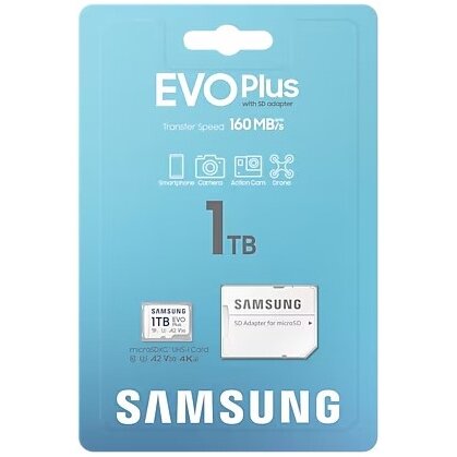 Карта памяти Samsung Evo Plus (MB-MC1T0SA/EU) microSDXC 1TB Class 10, A2, V30, UHS-I (U3), W 90 МБ/с, R 160 МБ/с, адаптер на SD