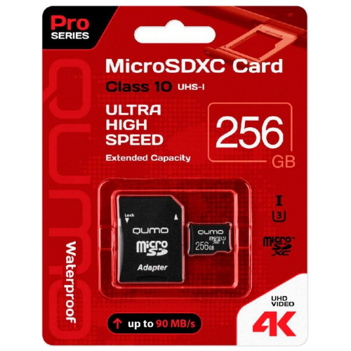 Карта памяти Qumo 256Gb QM256GMICSDXC10U3 90/70 МБ/с UHS-I U3, Pro seria 3.0 с адаптером SD