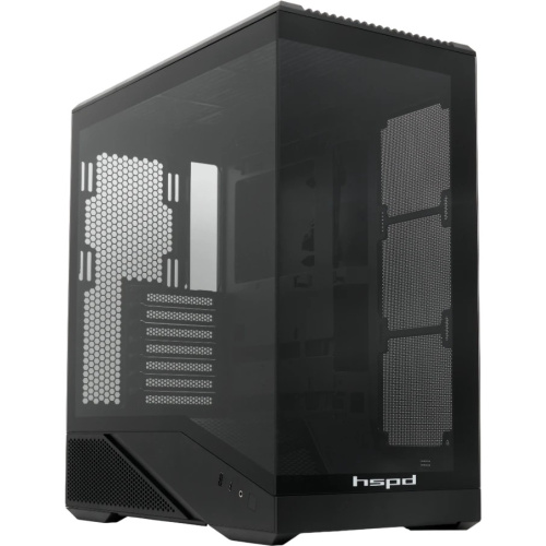 Корпус HSPD F711 (F711-TGBK) без БП, Panoramic Full Tower, Black, TG, 0.7 SPCC, no fans ATX, mITX 190/420/280mm 2x2.5", 7xPCI 1xUSB-A