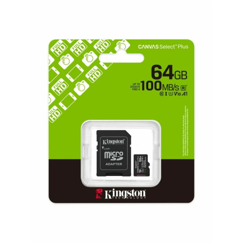 Карта памяти Kingston Canvas Select Plus Gen3 SDCS3/64GB micro SDXC 64GB, 100MB/s A1, с адаптером
