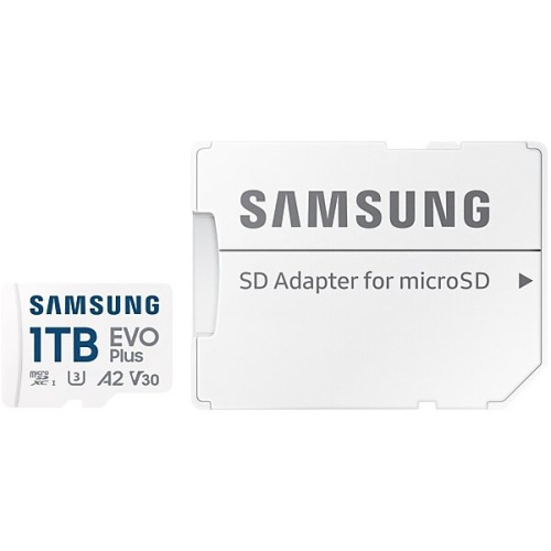 Карта памяти Samsung Evo Plus (MB-MC1T0SA/EU) microSDXC 1TB Class 10, A2, V30, UHS-I (U3), W 90 МБ/с, R 160 МБ/с, адаптер на SD