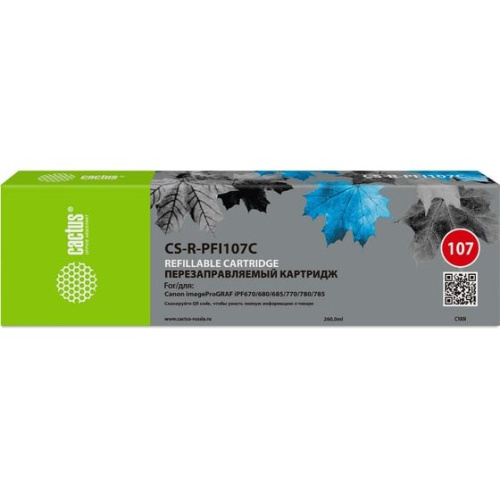 Картридж перезаправляемый струйный Cactus CS-R-PFI107C-Chip голубой для Canon imageProGraf iPF670/680/685/770/780/785
