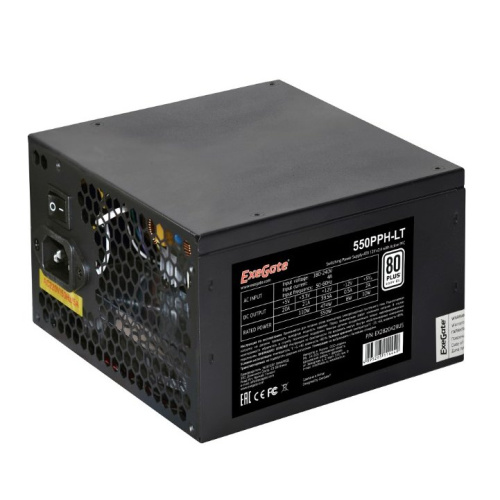 Блок питания ExeGate 550PPH-LT-OEM EX282042RUS-OEM 550W, 80+, ATX, black, APFC, 12cm, 24p, (4+4)p, 5*SATA, 3*IDE