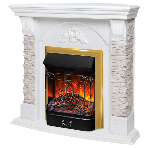 Электрокамин RealFlame Athena Corner GR белый с очагом Majestic Lux Brass