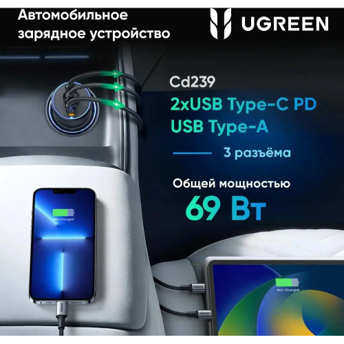 Автомобильное ЗУ UGREEN EC703 (35024) 75W 2*USB-C PD 3.0&USB-A w/o Cable Fast Car Charger Gray
