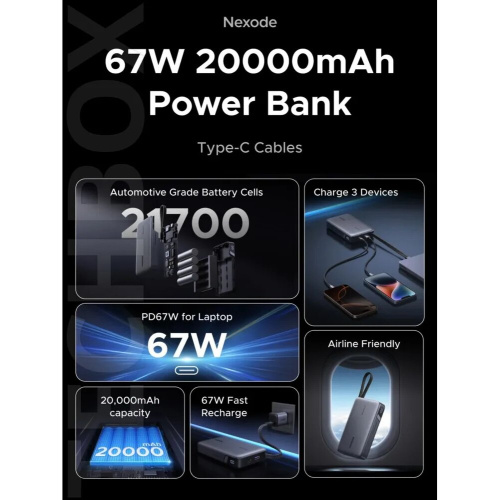 Power Bank UGREEN PB550 (55996B) 67W 20000 mAh USB-C&USB-A&USB-C Cable Built-in Cable Space Gray