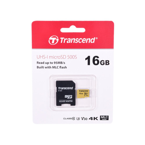 Карта памяти Transcend TS16GUSD500S micro SDHC 500S 16GB UHS-I Class U3 V30 с адаптером