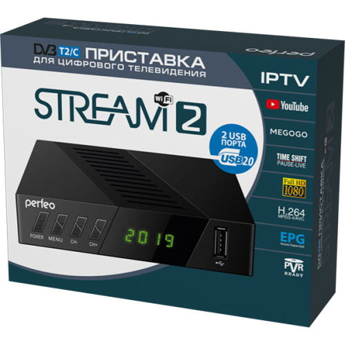 Ресивер Perfeo STREAM-2 (PF_A4488) черный DVB-T, DVB-T2, IPTV через Wi-Fi адаптер (адаптер в комплект не входит)