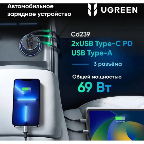 Автомобильное ЗУ UGREEN EC703 (35024) 75W 2*USB-C PD 3.0&USB-A w/o Cable Fast Car Charger Gray